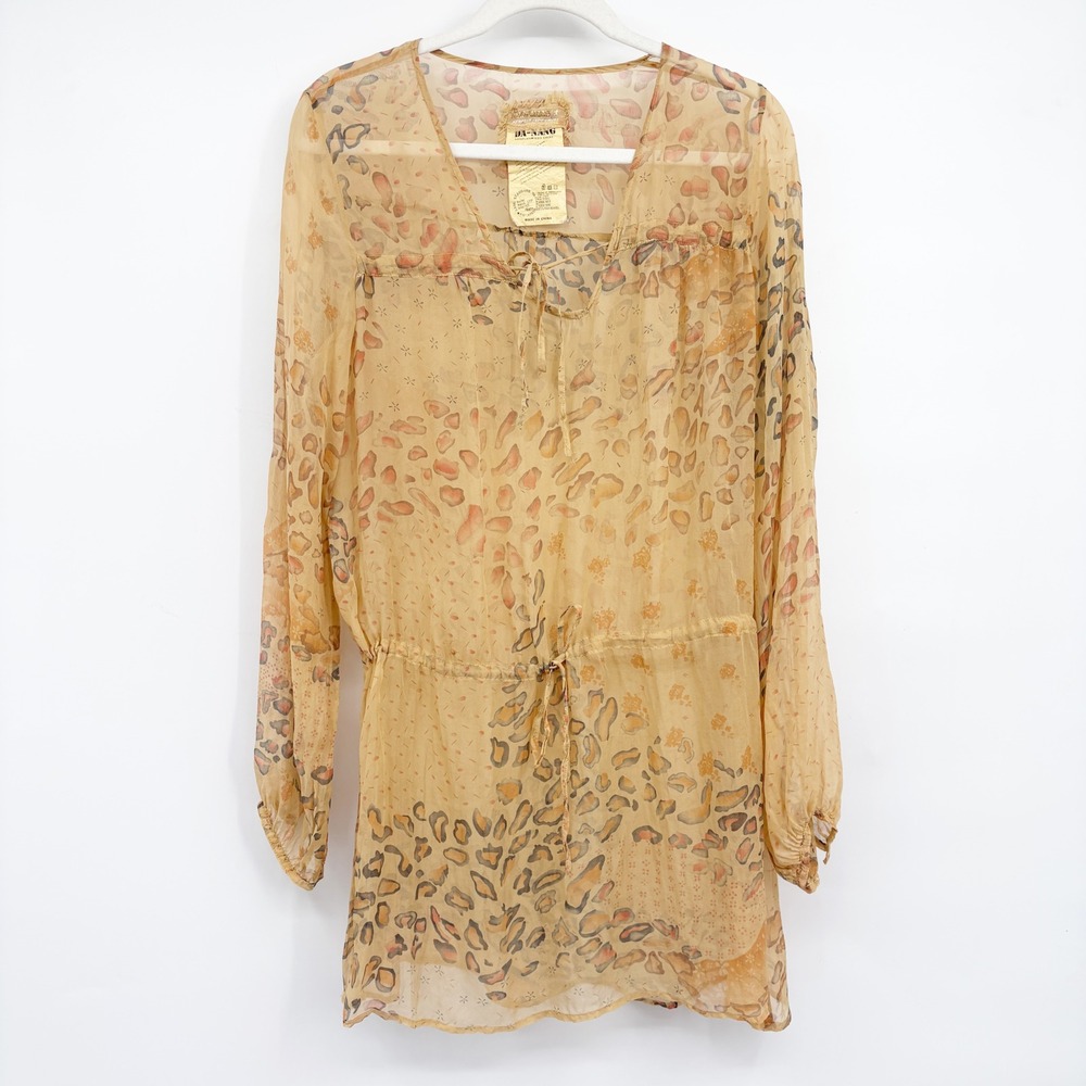 DA-NANG Womens Sheer Silk Y2K Leopard Print Boho Safari Tunic Blouse Size L